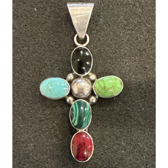 Vintage Sterling Silver Cross Multi Stone 2 3/4”long statement Pendant - Picture 1 of 7